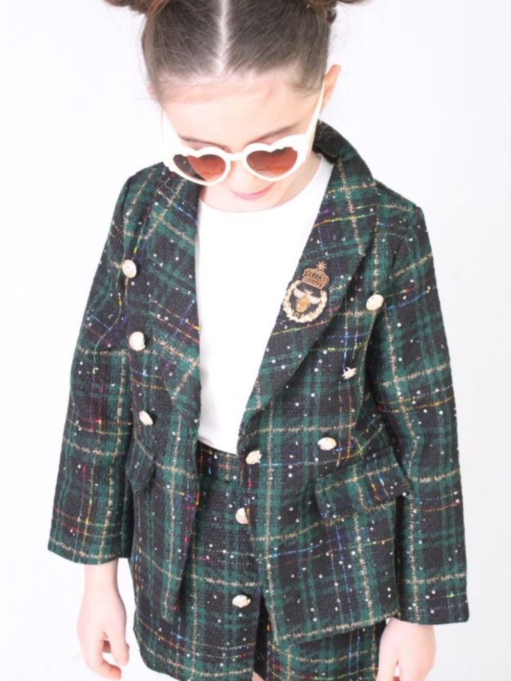 Girls' Dark Green Plaid Tweed 2 piece Blazer with Skort Set Sz 10-12 - Picture 2 of 16